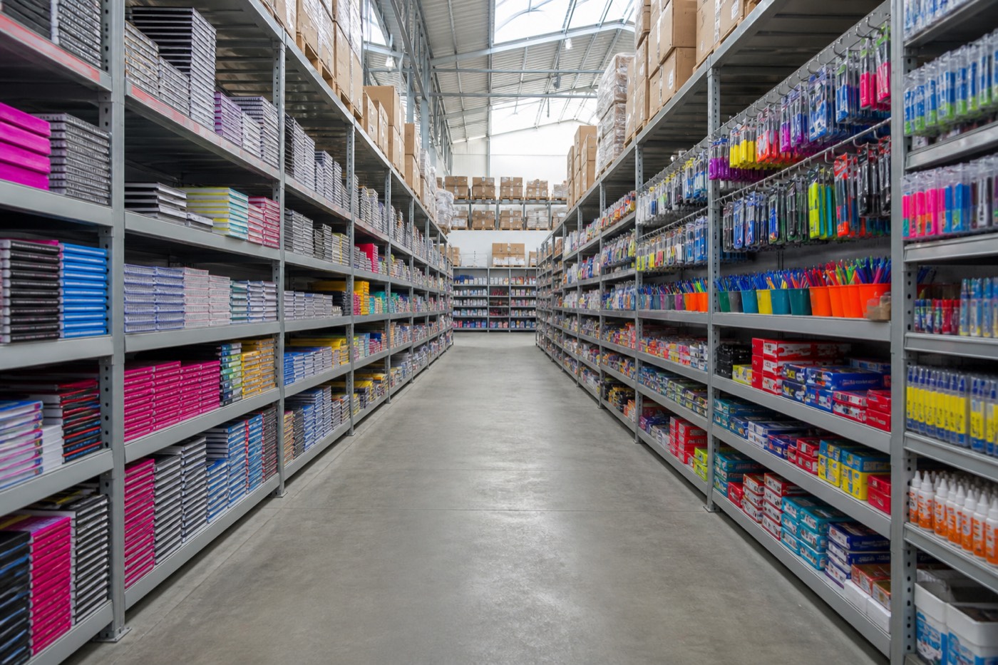 Corredor de estoque com produtos de papelaria e utilidades